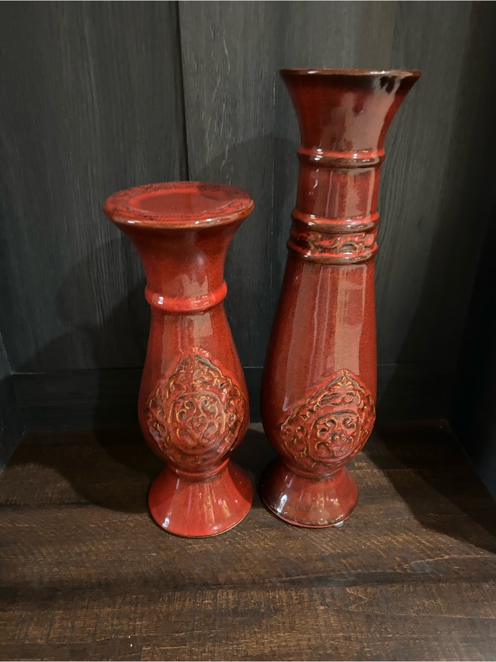 Othr Red Glazed Ceramic Decorative Vase Pair with Embossed Medallions